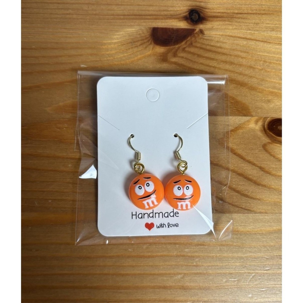 Novelty Dangle Orange M&M Candy Logo Earrings